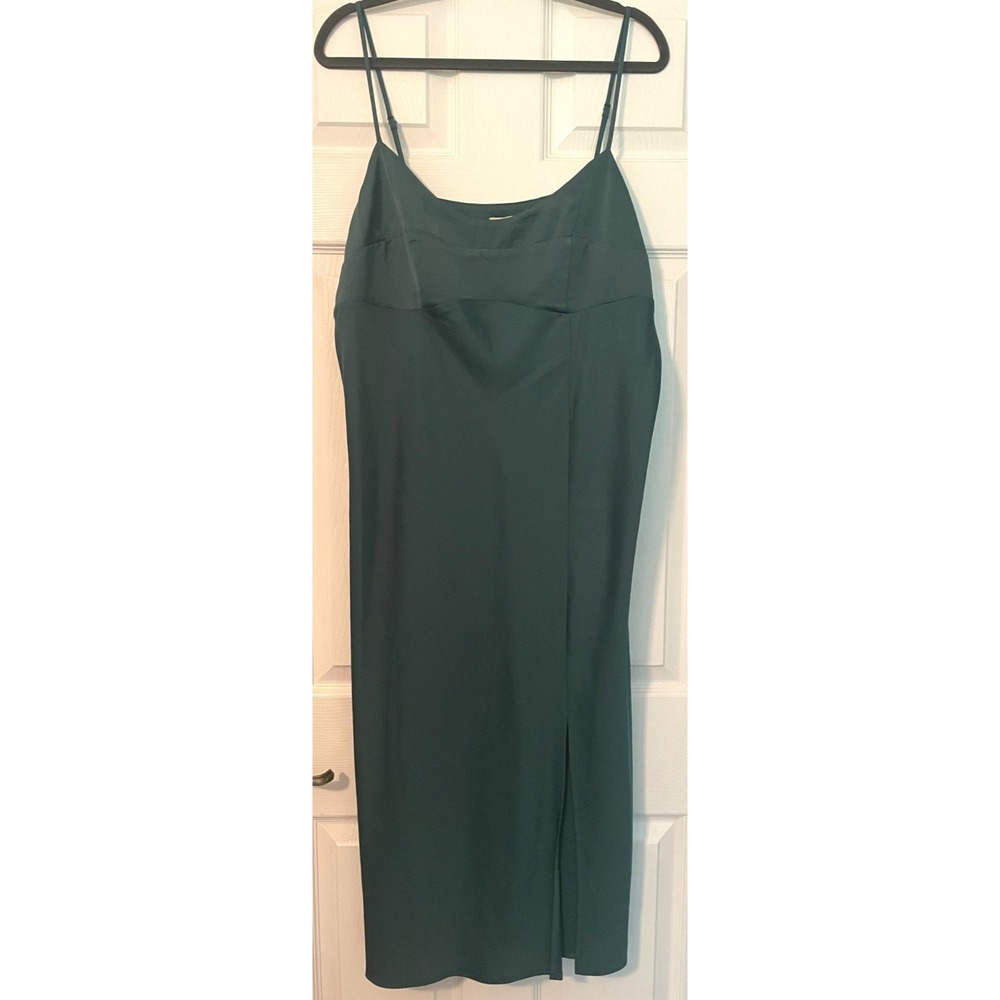 Green Midi Slip Evening Dress Adjustable Spaghetti Straps Side Slit Size XL‎